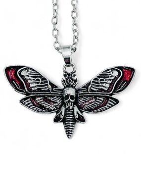 NEW Gothic Death Skull Hawk Moth Silver/Red Pendant Necklace